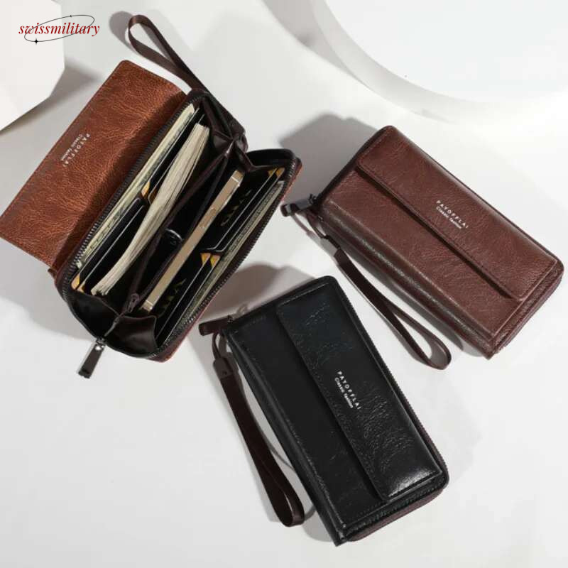 Men's PU Zipper Handbag Large Capacity Long Clutch Phone Bag Multi Card Holder Coin Purse Wallet Double Layer swissmilitary