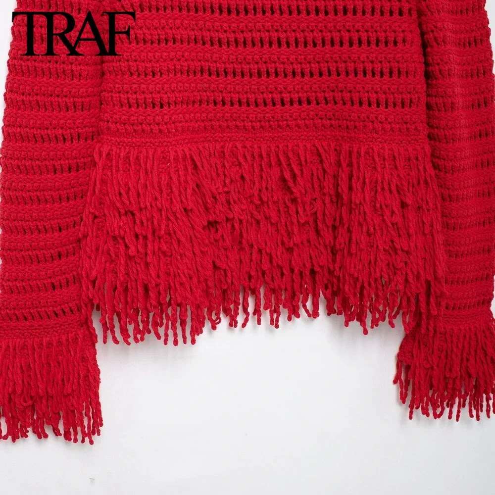 TRAF Women Fashion Autumn Winter New Solid Tassel Sweater Long Sleeves Round Neck Pullover Tops Chic Female Knit Sweaters Mujer