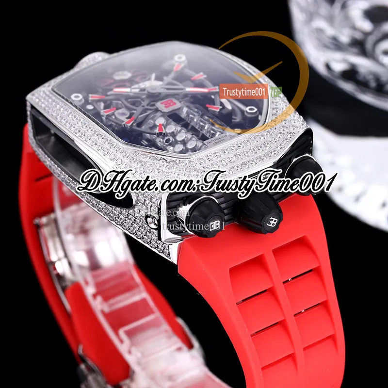 Other Clocks BugattiChiron Tourbillon Autoamtic Mens Watch With 16 Cylinder Engine, Skeleton Dial, Iced Out Asscher Cut Diamond Case, Blue M