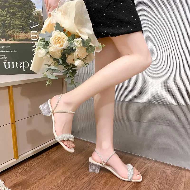 Shining gold Sier womens sandals summer 2024 crystal high heels party shoes womens comfortable thick high heels sliderXJ250407