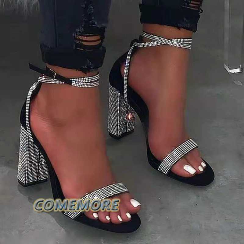 Shiny Gold Rhines Chunky Heels Sandals Women Sexy Cross Ankle Strap Sier High Heels Summer Party Dress Shoes Ladies PumpsXJ250116