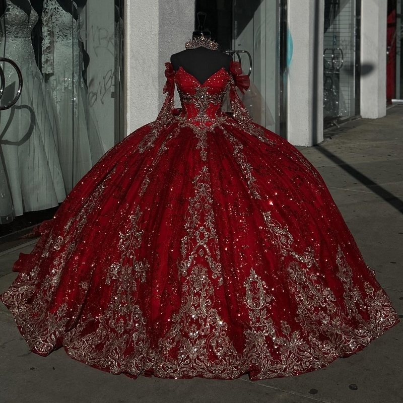 Red Shiny Quinceanera Dresses Ball Gown Off Shoulder Gold Appliques Bow Beads Tull Party Birthday Sweet 16 Dress Vestidos De 15 Anos
