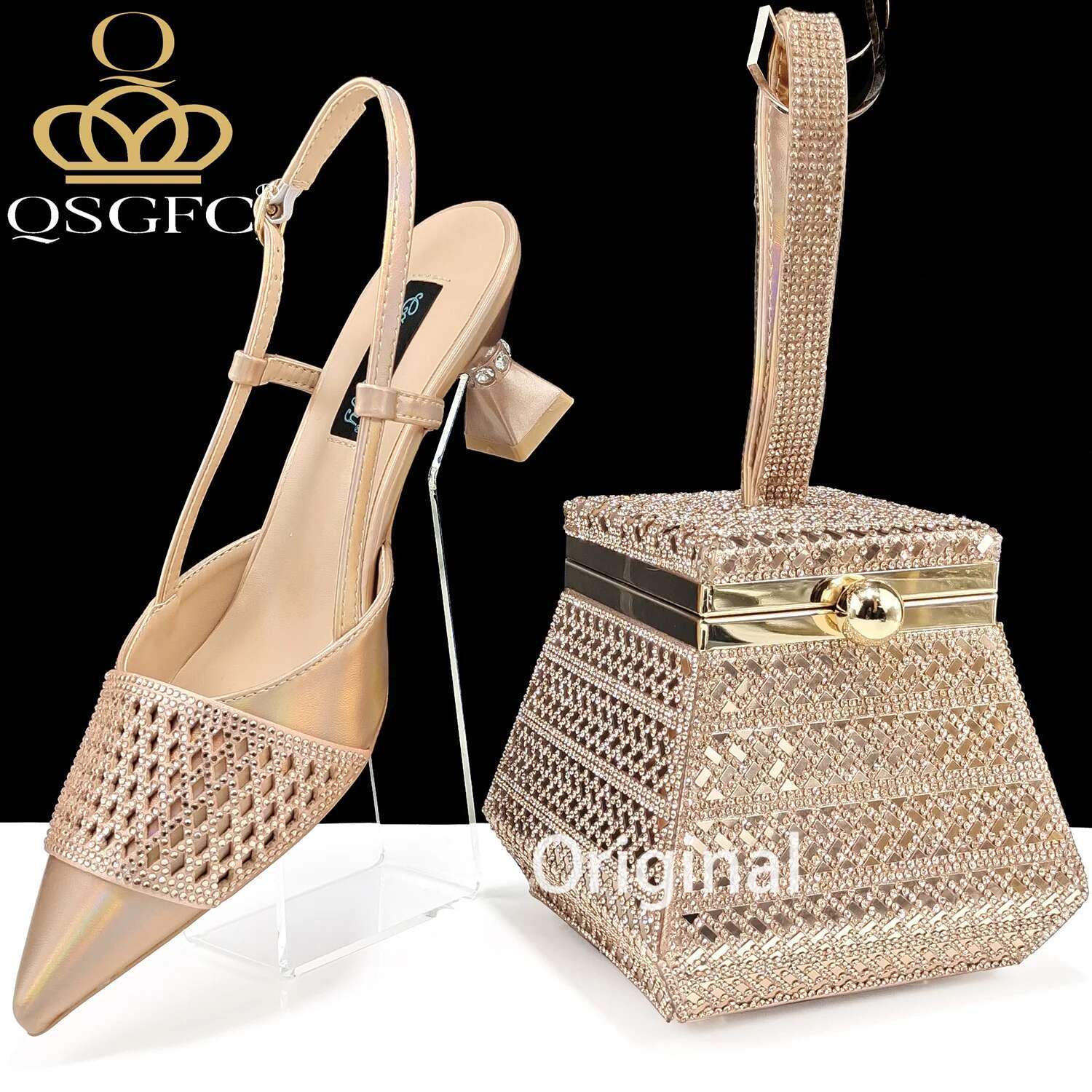 Nigeria Fashion Rhie-encrusted Ladies Party Special bag High Heels And Dual Purpose Mini Bag Women's Shoes