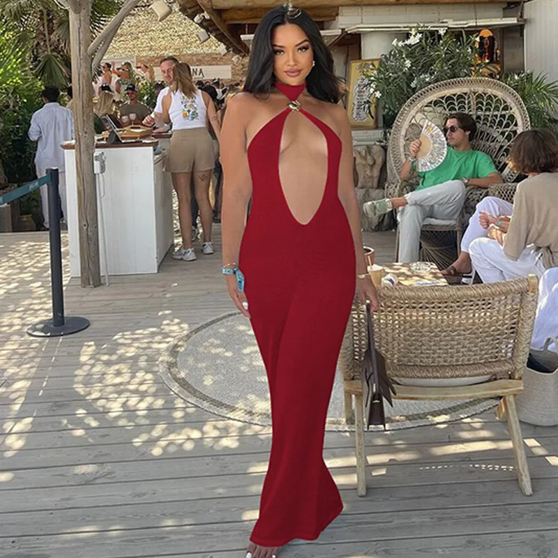 Womens Solid Beach Dress Sexy Hollow Out Halter Backless Slim Holiday Dresses Summer Sleeveless Maxi Club Party Outfits 250114