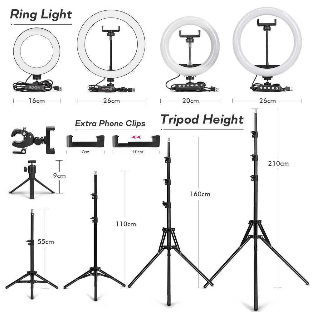 Tripod With LED Ring Light For Phone Tripod Camera Stand Selfie Photography Light LED Lamp Color Photo Studio For YouTube Live Z250116