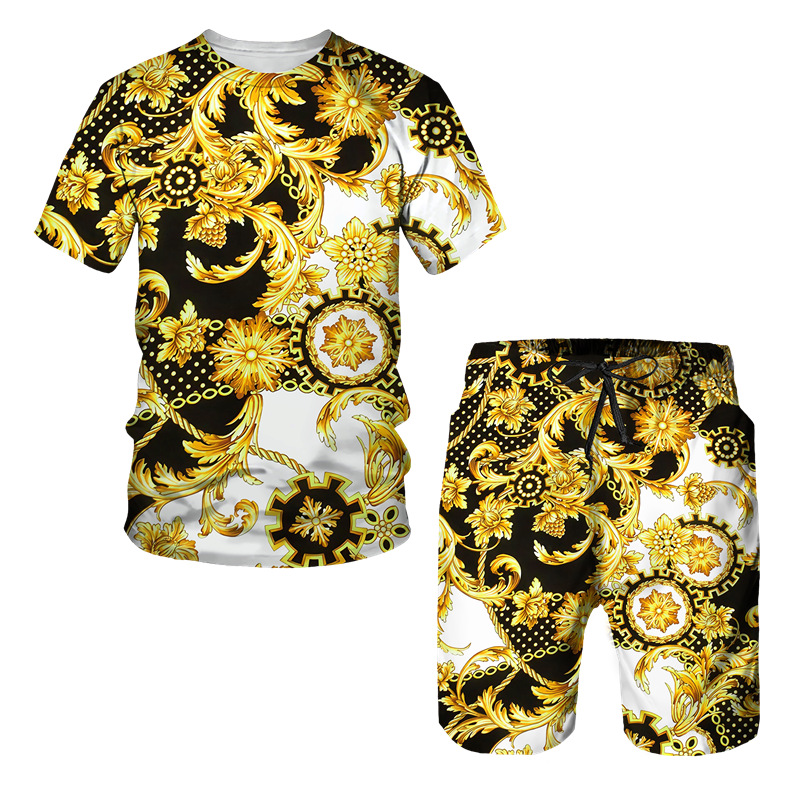 Cross-border Dunhuang men's leisure suit summer Golden lion modeling 3D printed men's T-shirt shorts two-piece set wholesale