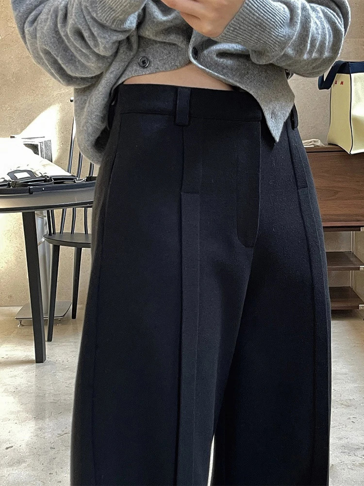 LANMREM Winter Black Pants Women Spliced High Waist Pleated Wide Leg Trousers Minimalism Female Clothing 26D6954 250106