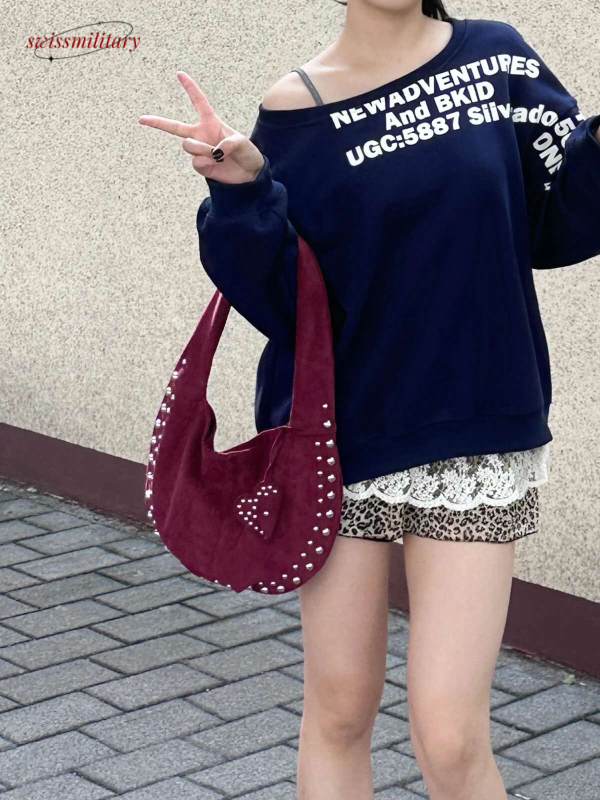 Women's Shoulder European and American Style Rivet Handbag Suede Retro Motorcycle Soft Armpit Bag swissmilitary