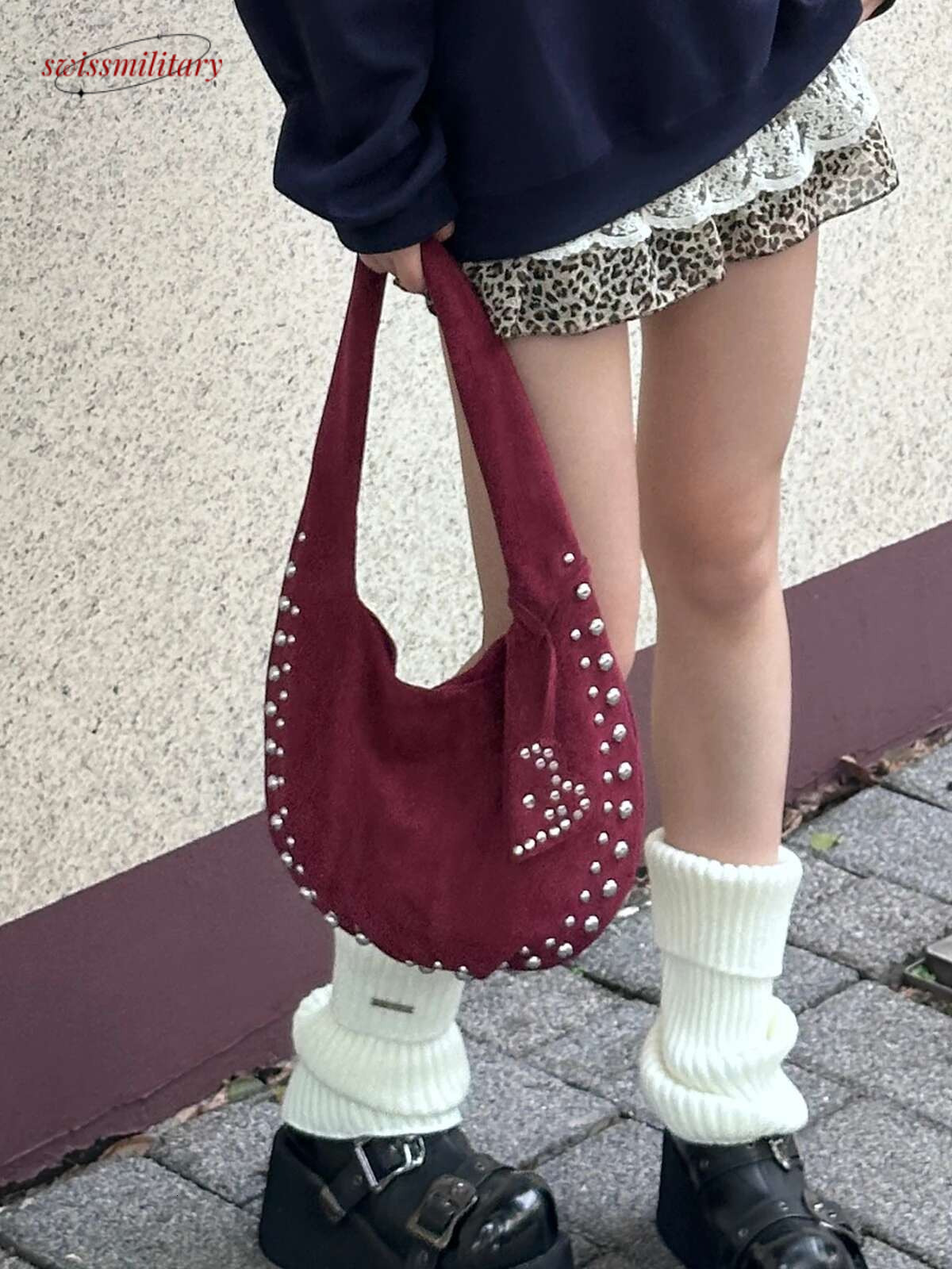 Women's Shoulder European and American Style Rivet Handbag Suede Retro Motorcycle Soft Armpit Bag swissmilitary
