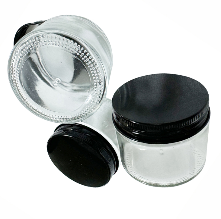 Glass Jars Food Storage Containers Glass Jar Aluminum Lids 60ML Clear Container Clear Glass Bottles Black Cover Custom Logo Stickers Label OEM Stores Covers