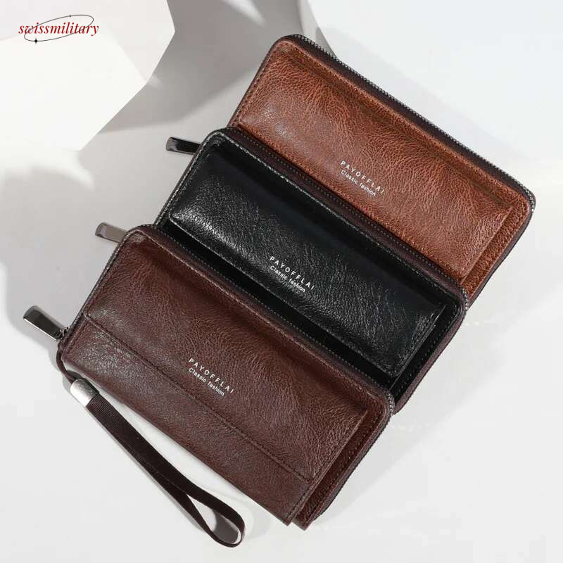 Men's PU Zipper Handbag Large Capacity Long Clutch Phone Bag Multi Card Holder Coin Purse Wallet Double Layer swissmilitary