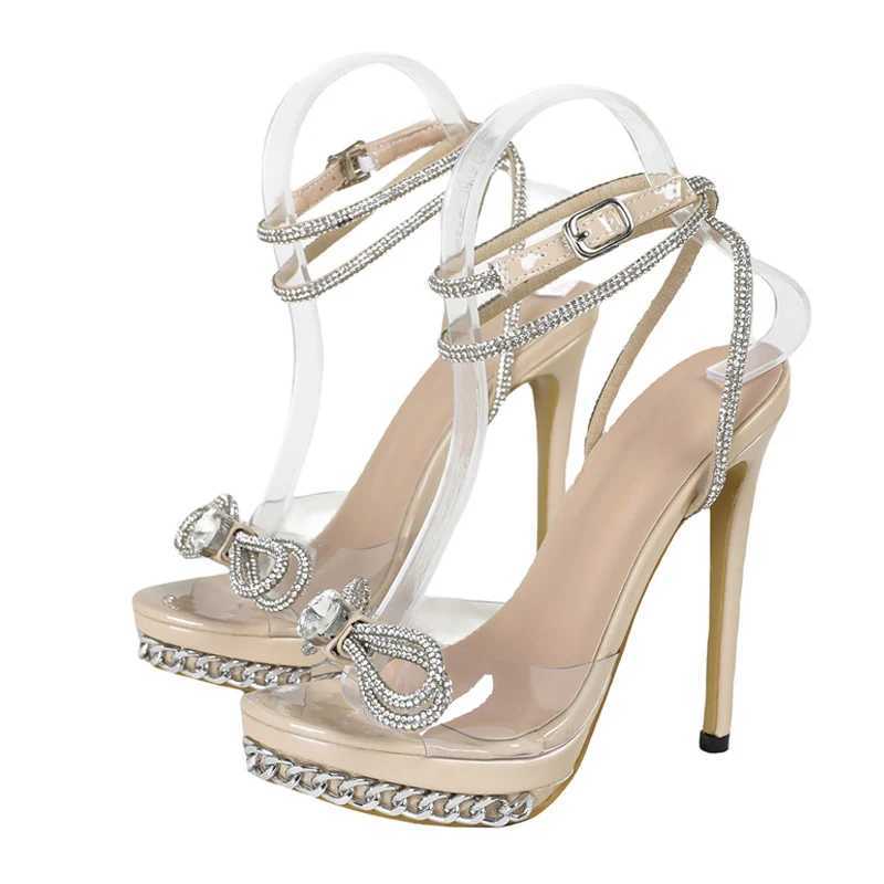 Likes 2025 Summer Fi Crystal Bowknot Transparent Sandals Women Jewelry Chain Designer High Heels platform Shoes SandalsXJ2500305