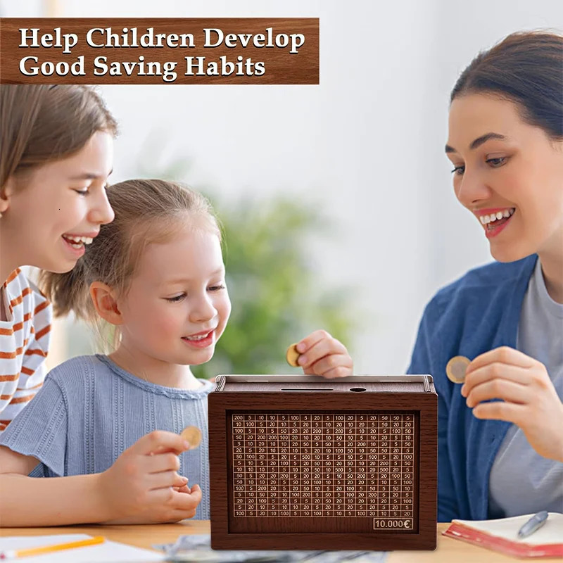 Money Box Wooden Piggy Bank Savings Challenge Box Coin Tray Storage Case Childrens Purse Deposit Reusable 1000~10000 Euro 250114