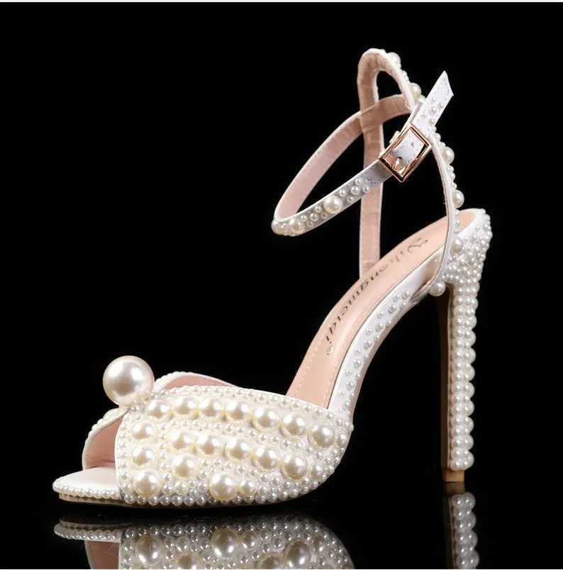 2024 New Luxury Famous High Heels Thin Heels Shallow Mouth Rhine Pearl Womens Single Shoes Wedding Dress Bridal ShoesXJ250116