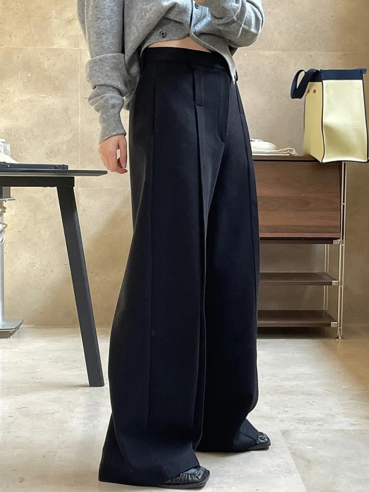 LANMREM Winter Black Pants Women Spliced High Waist Pleated Wide Leg Trousers Minimalism Female Clothing 26D6954 250106