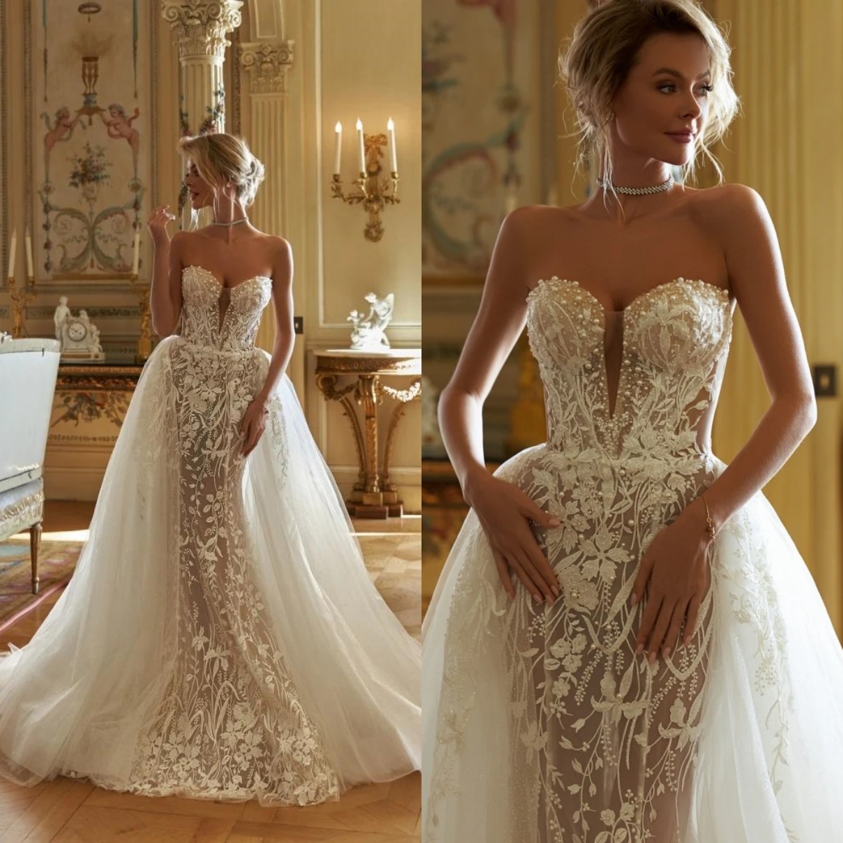 Mermaid Wedding Dresses For Women Sweetheart Neck Sleeveless Gown Lace Pearls Beaded Detachable Train Customized Dress