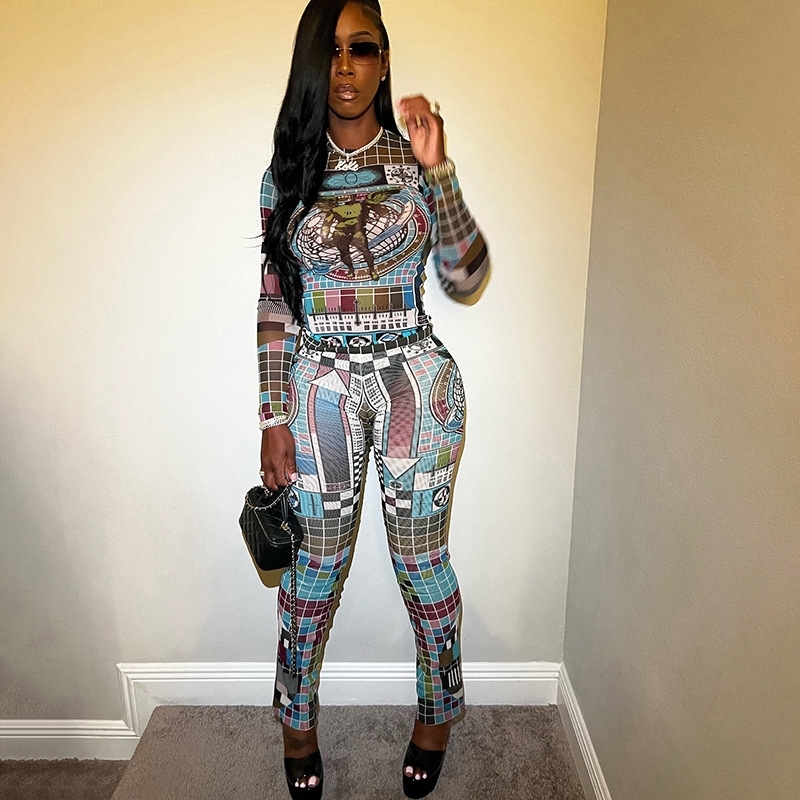Women Tracksuits Two Pieces Set Wind 2025 Spring New Personalized Street Trendy Tight Digital Printed Open Umbilical Long Sleeve Pants Set