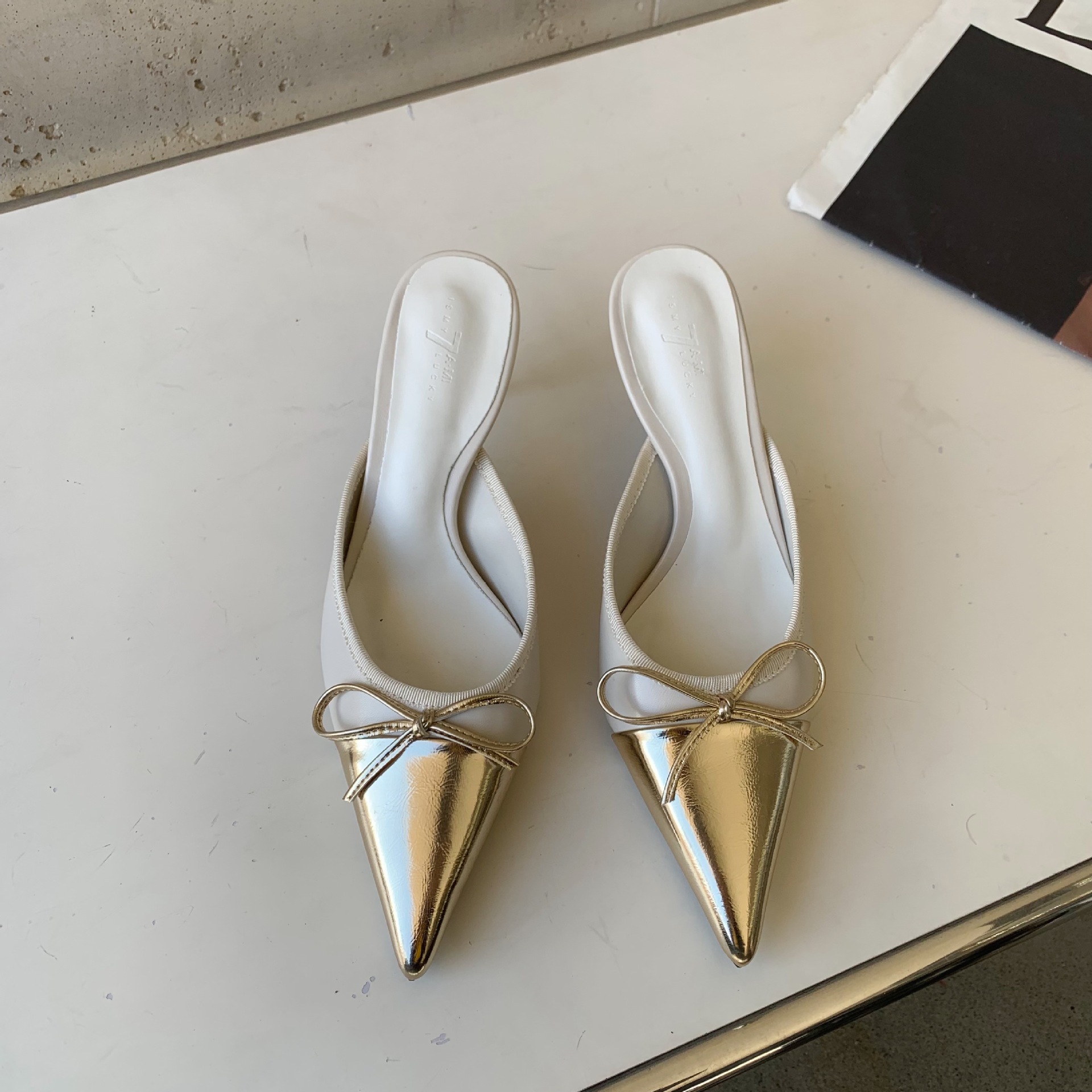 Designer Butterfly-knot Pointed Toe Mules Slipper For Women Fashion Shallow Thin High Heels Female Shoes EU35-39