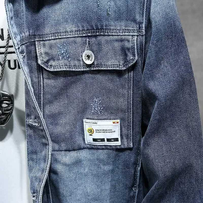 Mens Jean Coats Blue Ripped Mens Denim Jacket Wide Shoulders with Hole Menswear Clothing Cheap Price Stylish Fashion of Fabric W250116