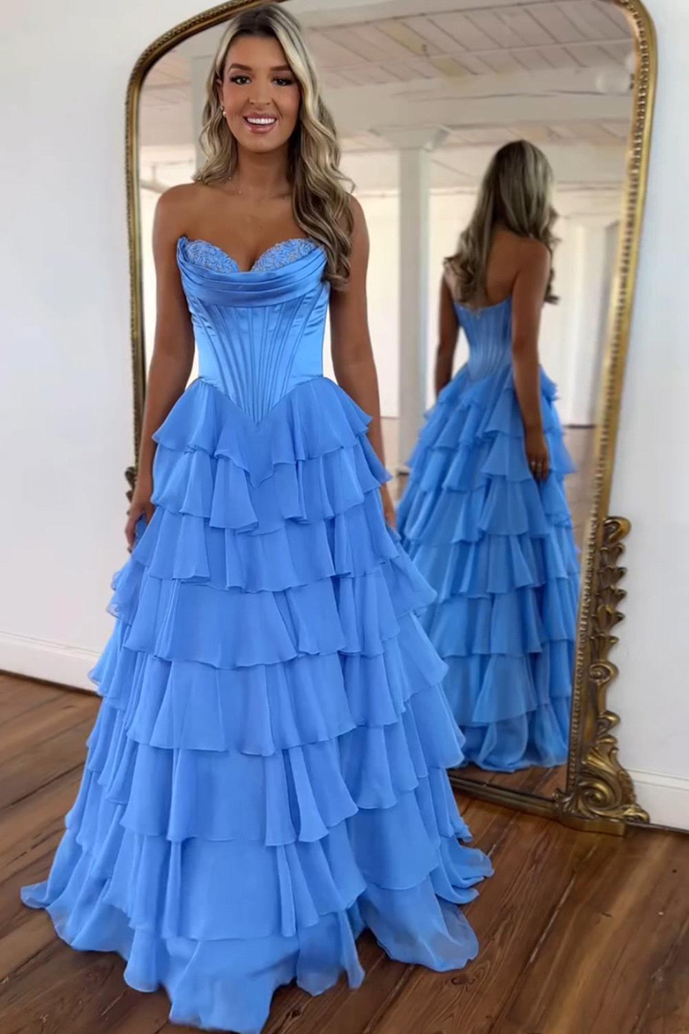 Fantacy Blue Chiffon Mermaid Prom Dresses Sexy Backless Sweetheart Tier Ruffles Long Evening Gowns Women Special Occasion Wears Bc20014 B0312