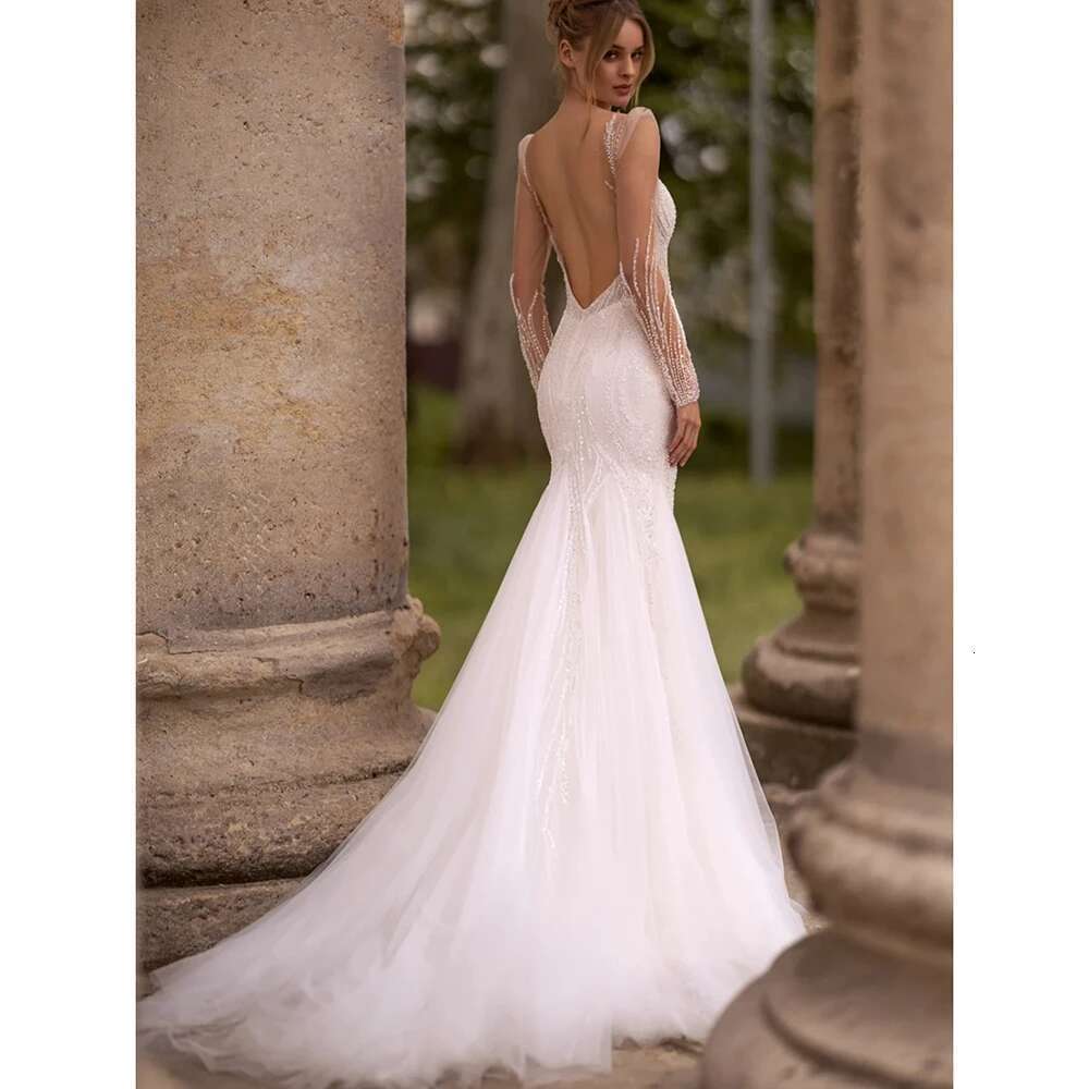 Sexy Deep Neckline V-neck Wedding Sequins Fringed Illusion Long Sleeves Custom Train Detachable Mermaid Bridal Dress