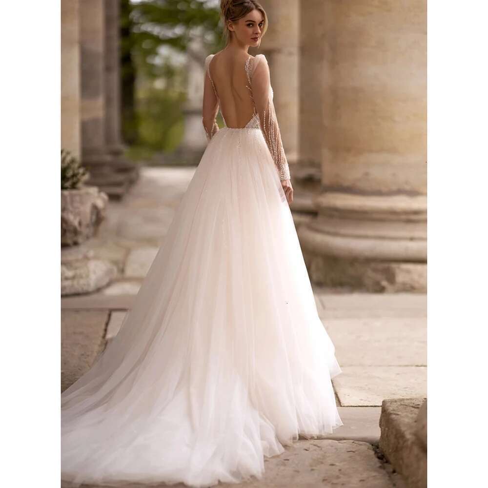 Sexy Deep Neckline V-neck Wedding Sequins Fringed Illusion Long Sleeves Custom Train Detachable Mermaid Bridal Dress