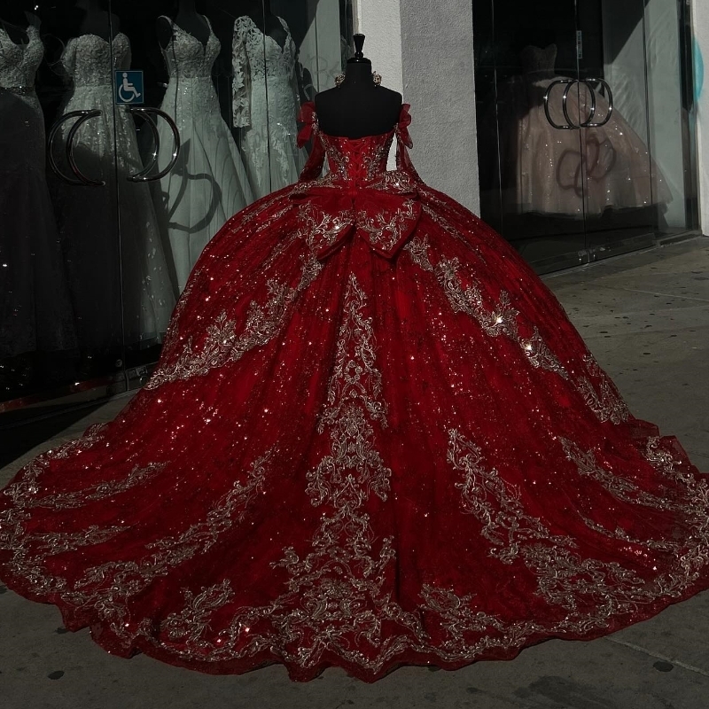 Red Shiny Quinceanera Dresses Ball Gown Off Shoulder Gold Appliques Bow Beads Tull Party Birthday Sweet 16 Dress Vestidos De 15 Anos