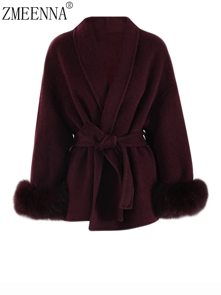 ZMEENNA Wine Red Fur Cuff Big Size Belted Woolen Coat Lapel Long Sleeve Women Jacket Fashion Autumn Winter 2024 ZM561 250107