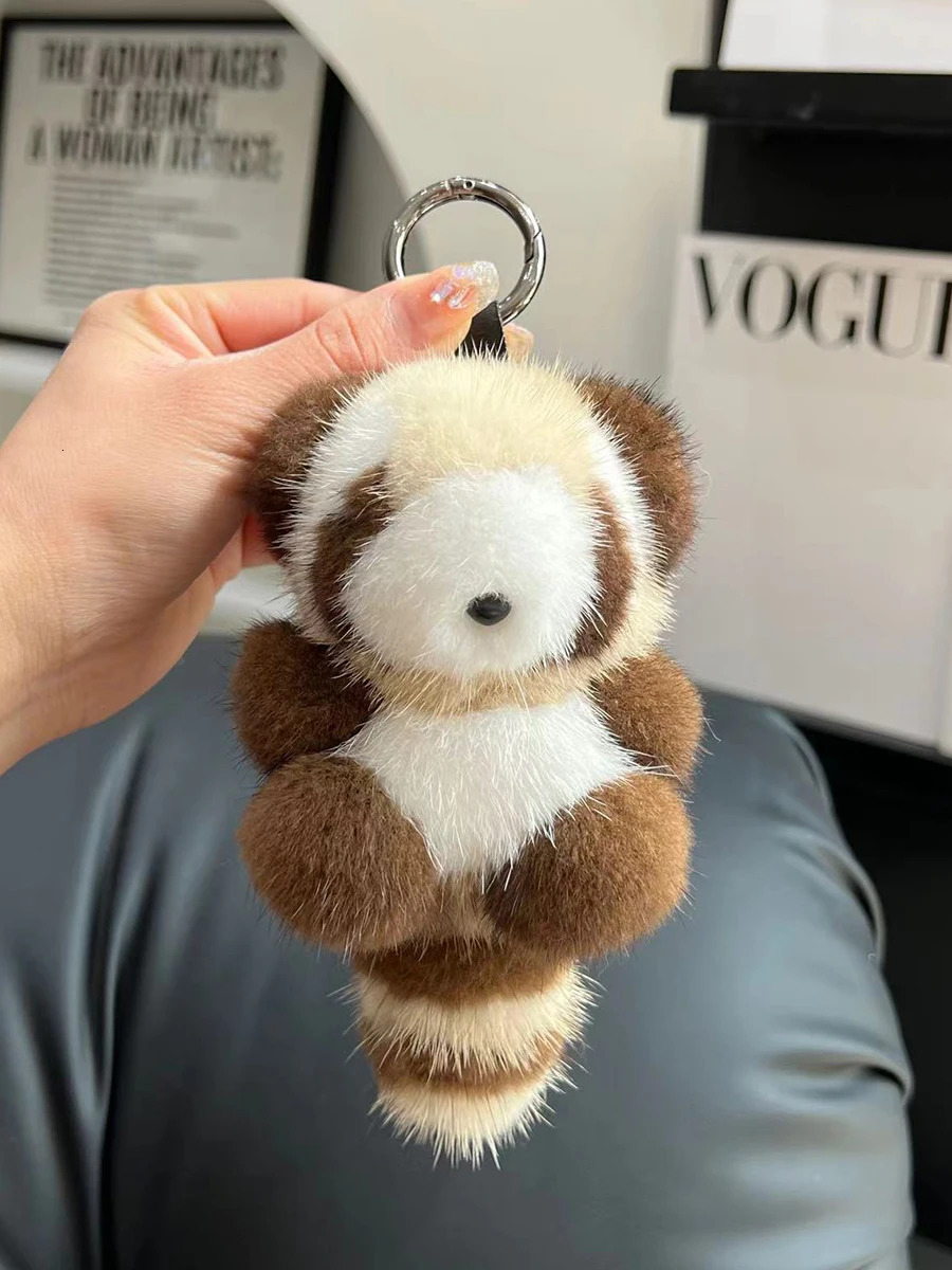 Cute Raccoon Real Mink Fur Keychain Plush Toy Trinkets Women Bag Hanging Ornaments Car Key Metal Ring Pendant Kids Classic Gift 250110