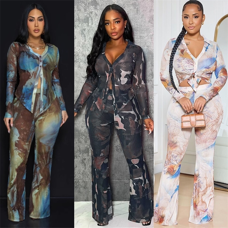 Women Tracksuits Two Pieces Set Designer 2025 New Fashion Sexy Single-layer Button Mesh Top Double-layer Micro Flared Pants Elastic Printed Mesh Set