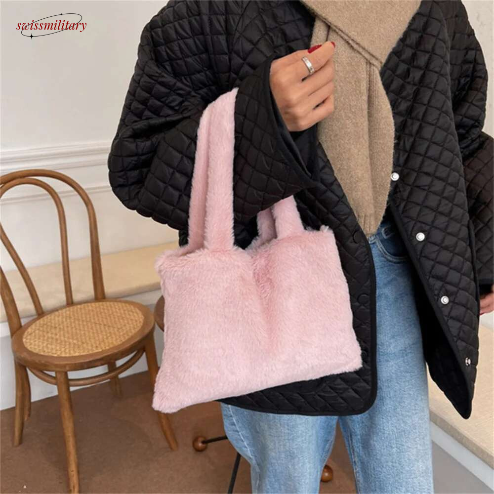 Women Girls Fluffy Shopping Fashion Autumn Winter Top-handle Handbag Plush Tote Shoulder Bag swissmilitary