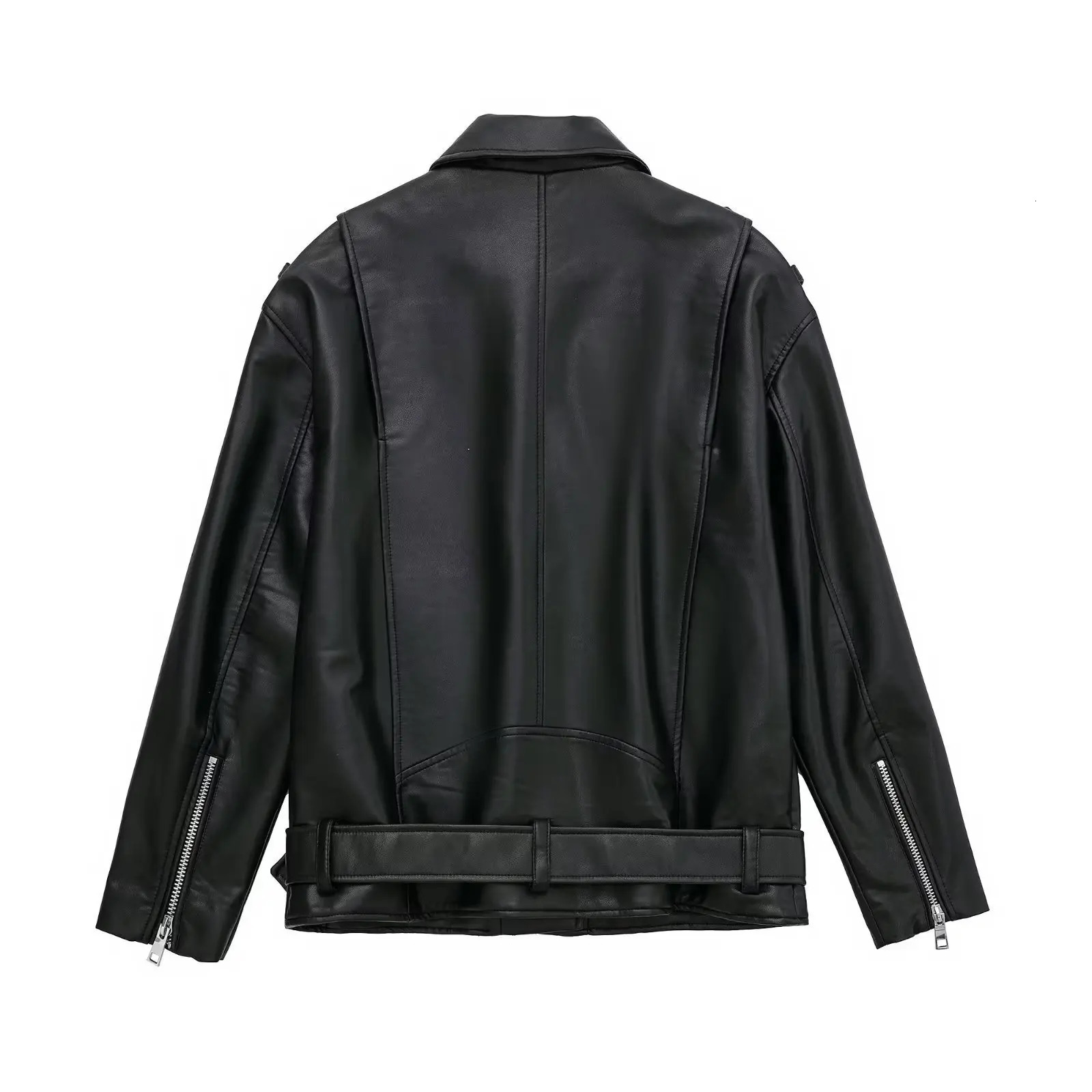 Spring Autumn Womens Leather Jacket Black Lapel Zipper Girl Street Motorcycle Outwears 250113Z