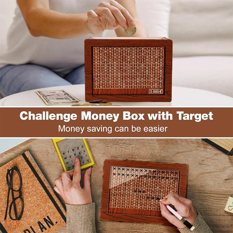 Money Box Wooden Piggy Bank Savings Challenge Box Coin Tray Storage Case Childrens Purse Deposit Reusable 1000~10000 Euro 250114