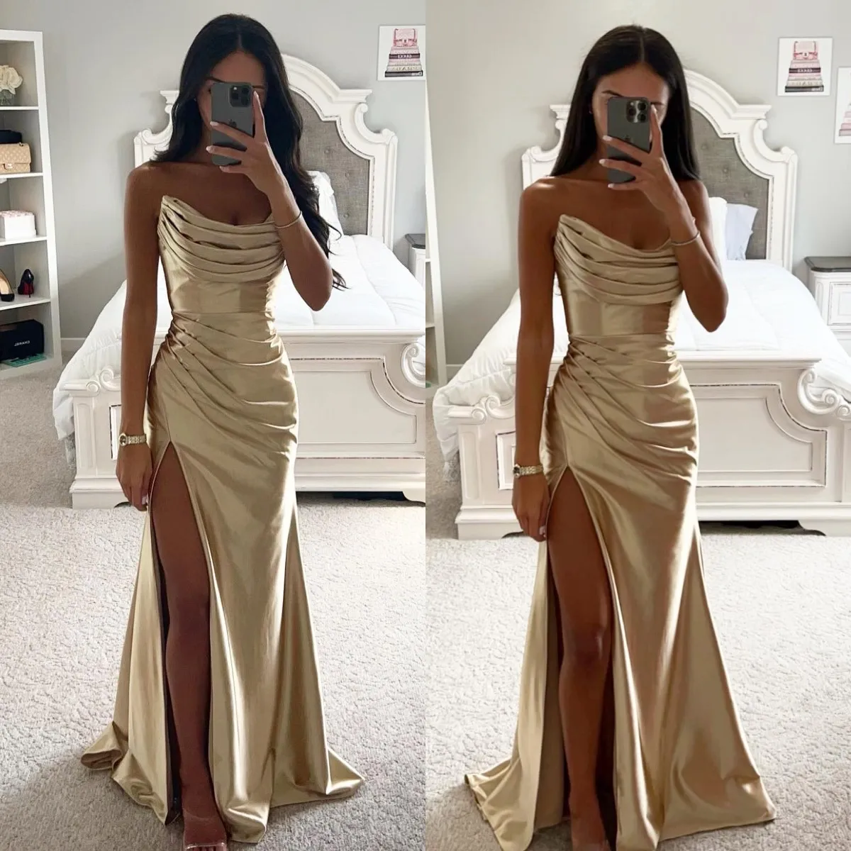 Sexy Champagne Gold Prom Dresses Strapless Evening Gowns Pleats Sheath Split Formal Red Carpet Long Special Occasion Party Birthday Celebrity Dress Cu