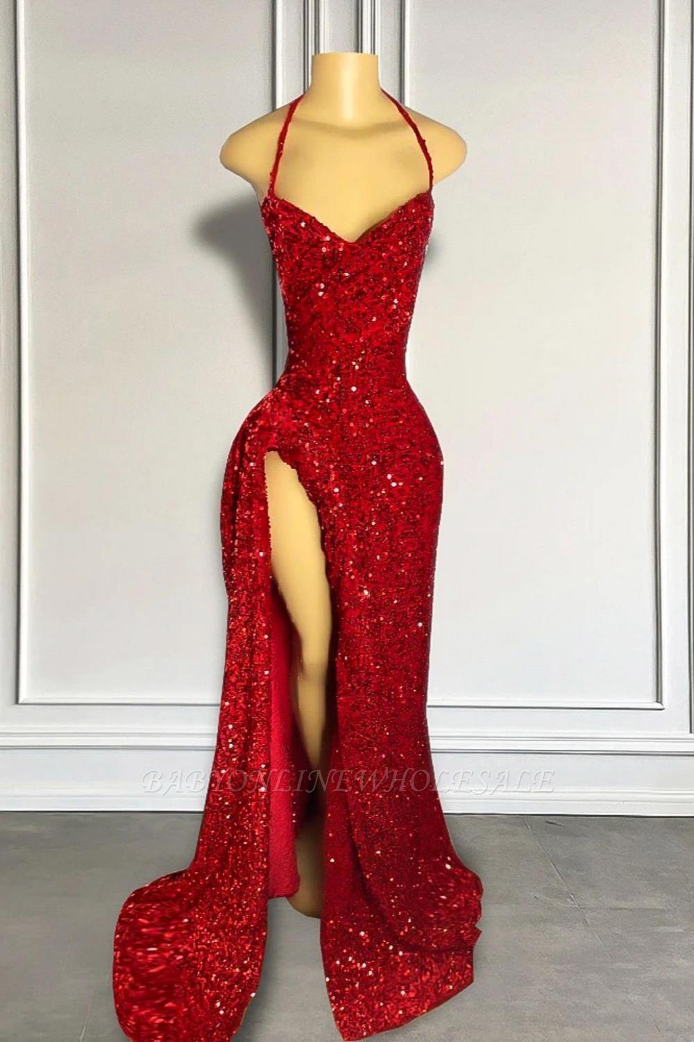 Red Sparkly Sequined African Girls Prom Dresses Halter Neck Backless Front Slit Beadings Tail Evening Gowns Vestidos De Graduacion Bc18190 0116 0212D