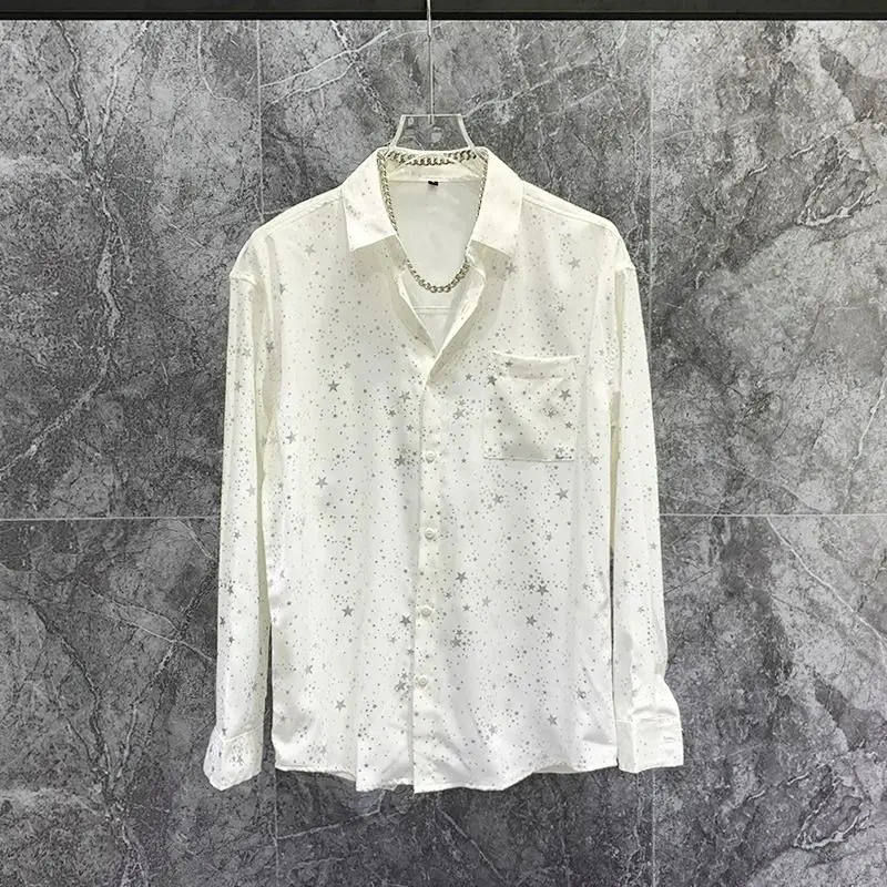 South Korean Business and Leisure Mens Splicing Button Glitter Water Diamond Fashion Loose Casual Long Sleeve Shirt 250110