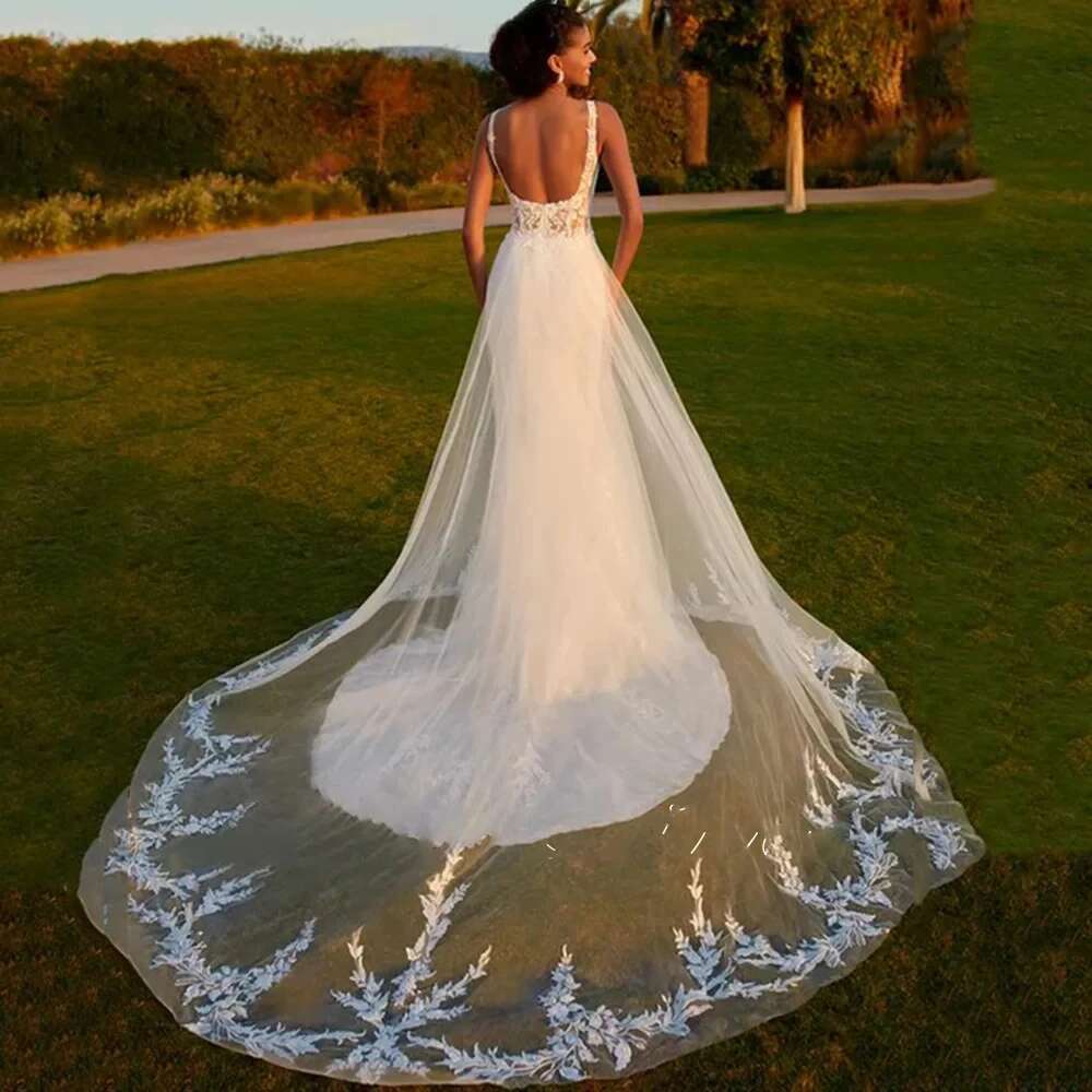 Sexy Square Collar Mermaid Wedding Lace Appliques Sleeveless Train Dresses Detachable Custom Bridal Dress