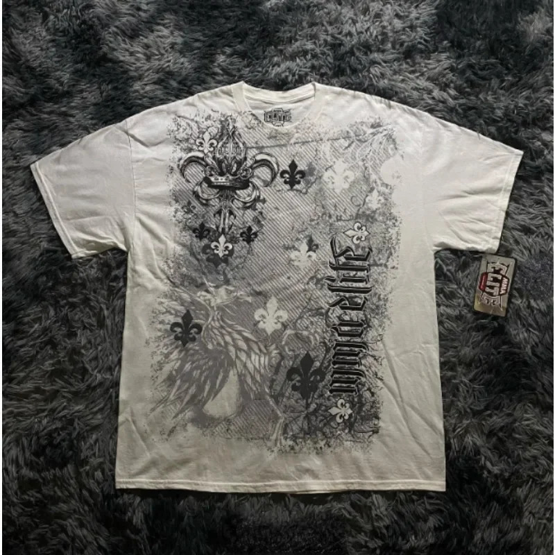 90s American Trendy Retro Fashion Print Round Neck Short-sleeved T-shirt Men Womens Y2K Street Style Gothic Couple Sports 250110