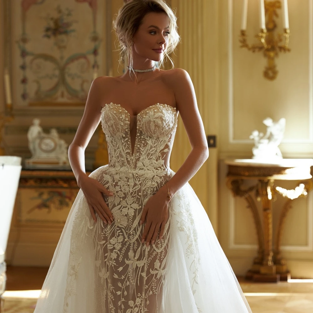 Mermaid Wedding Dresses For Women Sweetheart Neck Sleeveless Gown Lace Pearls Beaded Detachable Train Customized Dress