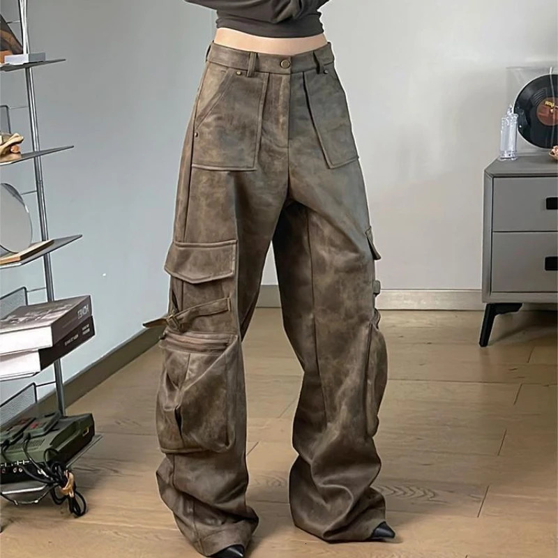 Deeptown Y2k Baggy Leather Cargo Pants Women America High Street Casual Trashy Wide Leg Trousers 2000s Harajuku Pantalones Z260314