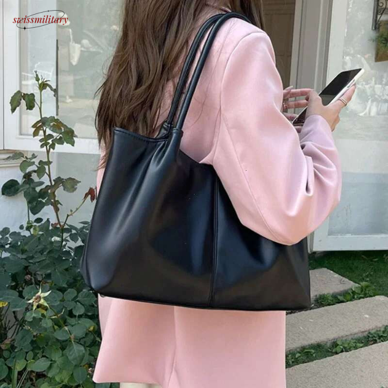 Simple White Shoulder Women's PU Leather Soft Underarm Tote School Large Capacity Bag Full Student Shopping Handbag swissmilitary