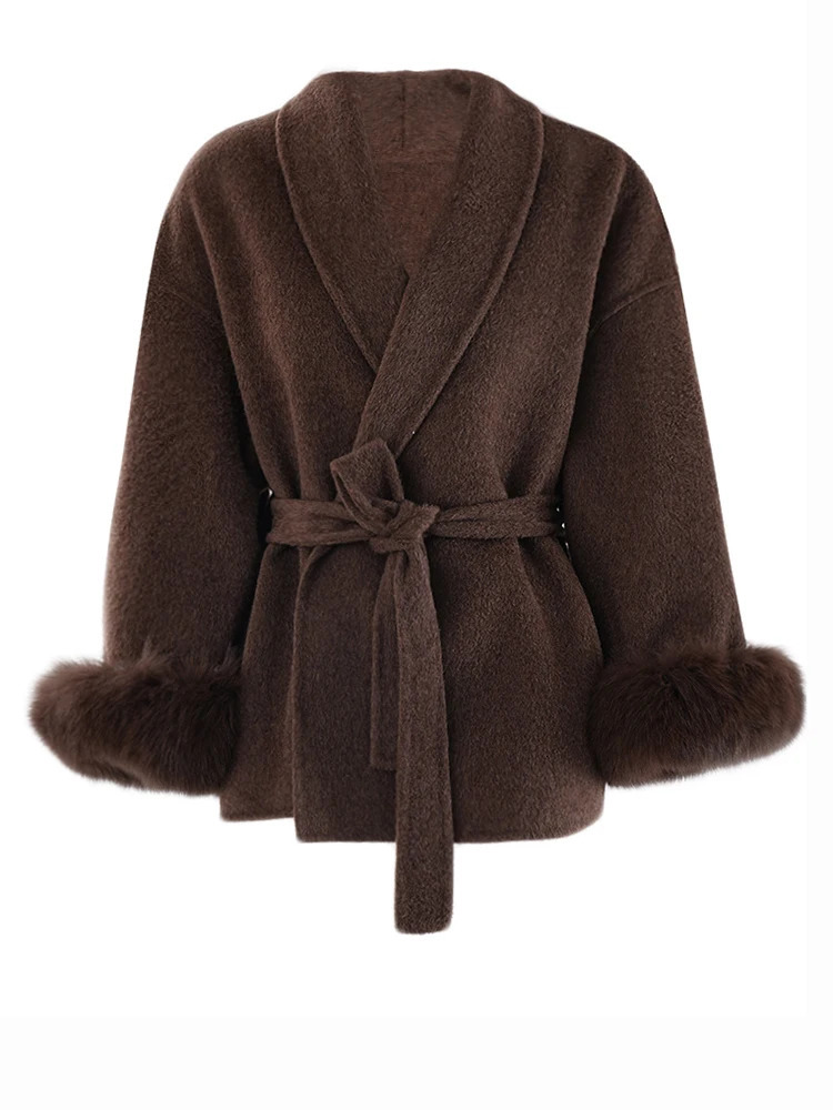 ZMEENNA Wine Red Fur Cuff Big Size Belted Woolen Coat Lapel Long Sleeve Women Jacket Fashion Autumn Winter 2024 ZM561 250107