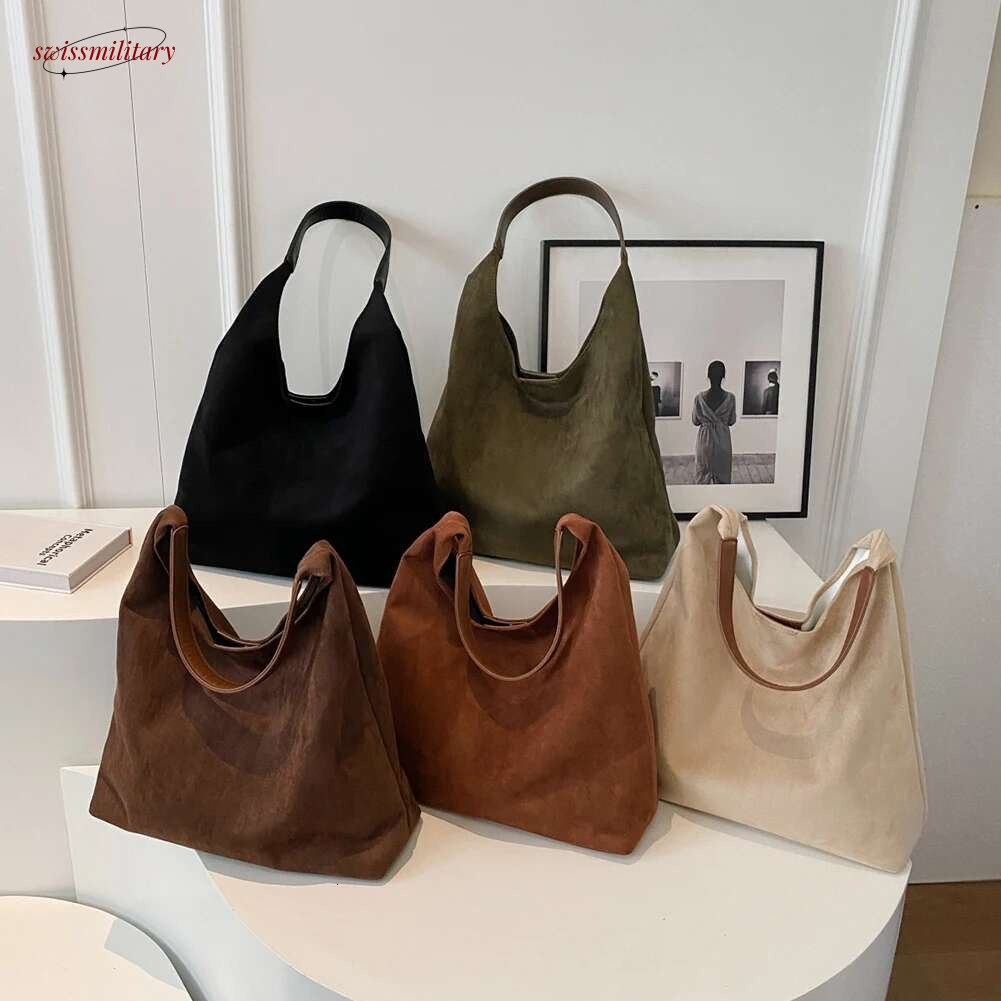 Women Suede Retro Single Shoulder Large Capacity Trendy Work Solid Color Vintage Hobo Top Handle Bag swissmilitary