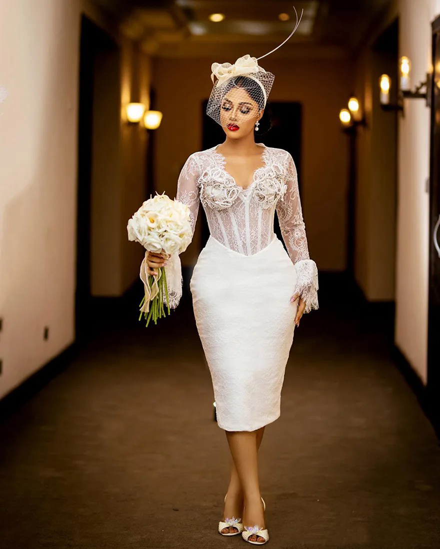 2025 Mermaid Wedding Dresses Bridal Gowns Short Wedding Gowns Illusion Long Sleeves Beaded Lace Pearls Decorated Birdal Dress for African Black Bride 