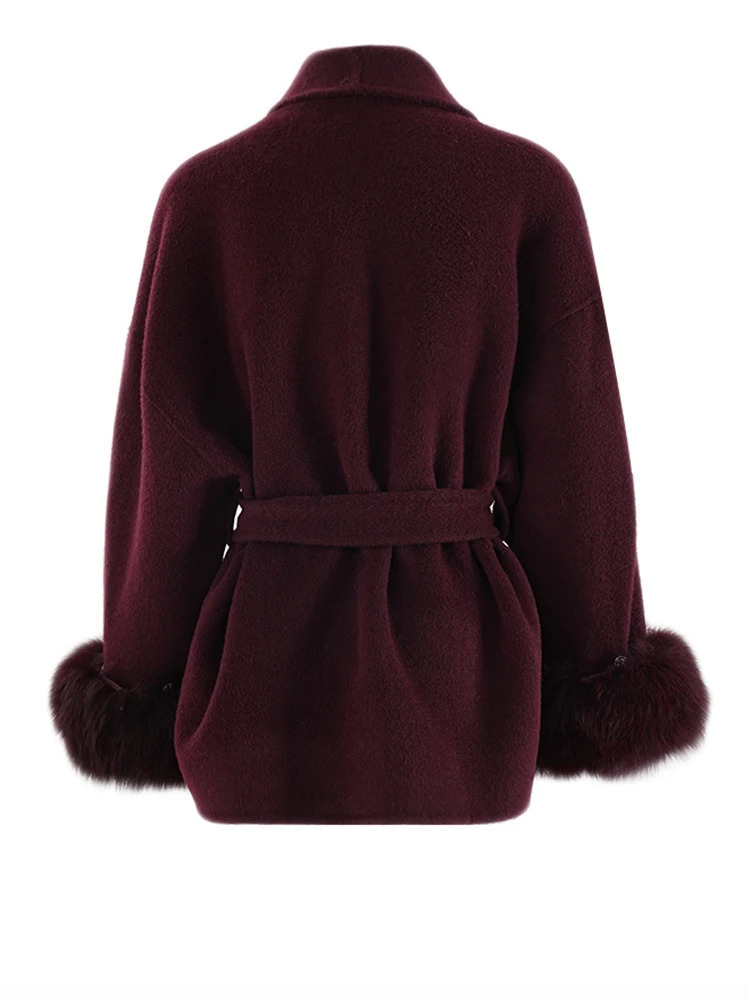 ZMEENNA Wine Red Fur Cuff Big Size Belted Woolen Coat Lapel Long Sleeve Women Jacket Fashion Autumn Winter 2024 ZM561 250107