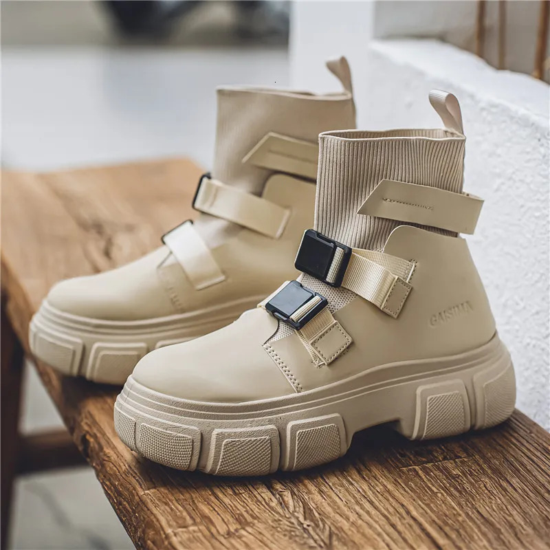 Original Platform Mens Boots Fashion Buckle Boot Man Socks High Top Boot Street Style Beige Biker Ankle Boots For Men 250114