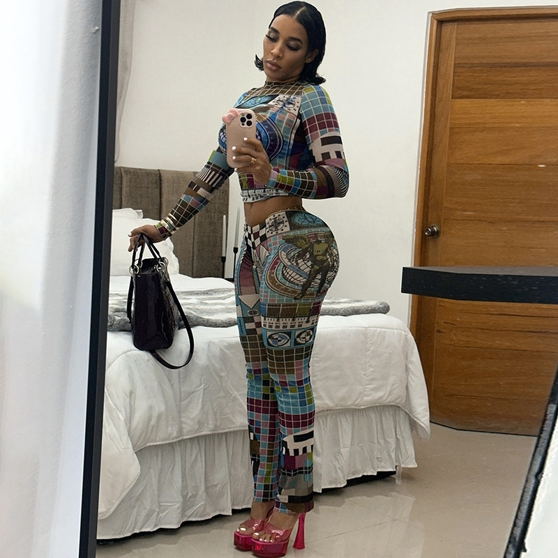 Women Tracksuits Two Pieces Set Wind 2025 Spring New Personalized Street Trendy Tight Digital Printed Open Umbilical Long Sleeve Pants Set