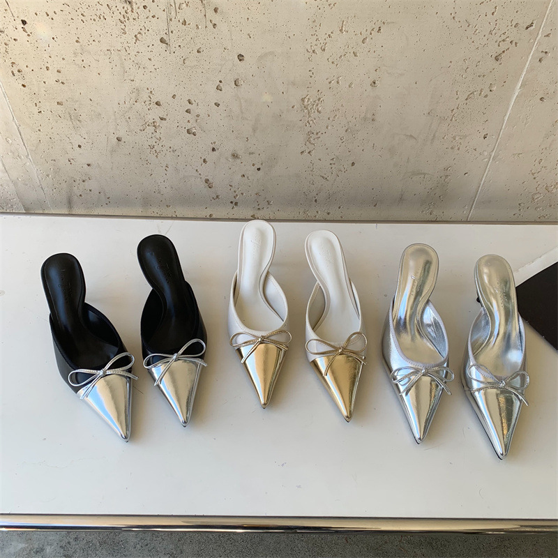 Designer Butterfly-knot Pointed Toe Mules Slipper For Women Fashion Shallow Thin High Heels Female Shoes EU35-39