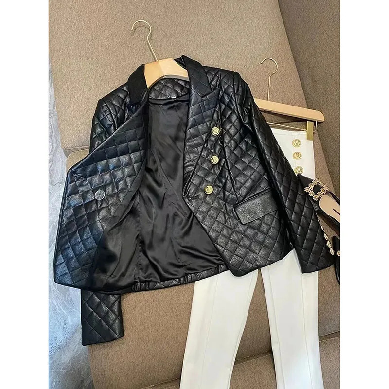 Thickened HighEnd Black Short Leather Jacket Women Shoulder Pads Autumn Fashion Blazer Coat Customized Suit Female 250114