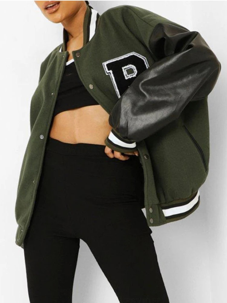 Women Clothes Fashion Casual Patchwork Button Up Crop Bomber Varsity Jackets Coat Women Winter Baseball Jacket 250116